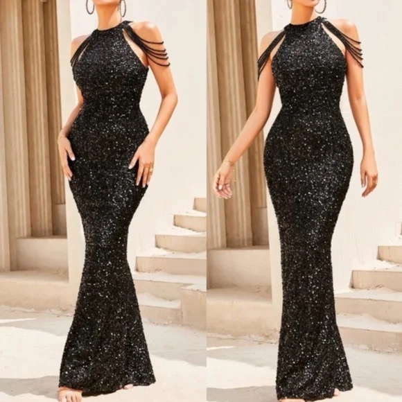 Luxe Sequin Rhinestone Halter Formal Black Tie Wedding Dress - Picture 13 of 16